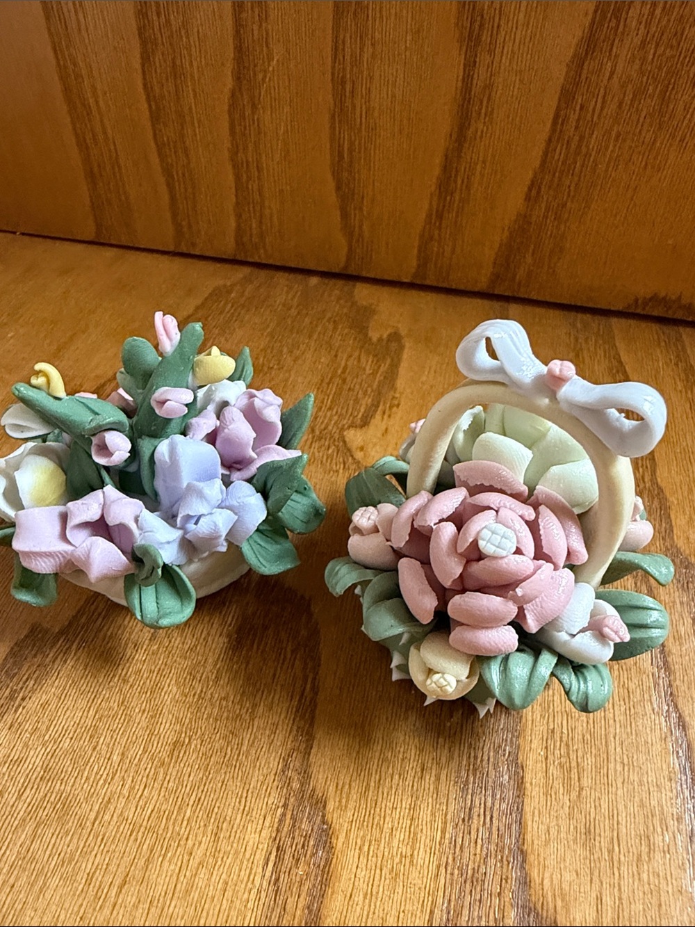 Porcelain Floral Basket Pair in Pastel Pink, Green & Lavender 2.5” Tall 2”wide